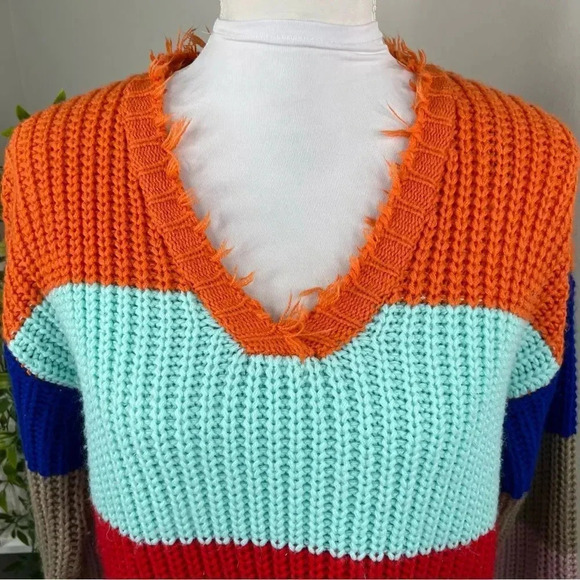 Dress Up Colorful Striped Tunic Sweater V Neck Frayed Trim Size S - Picture 3 of 11